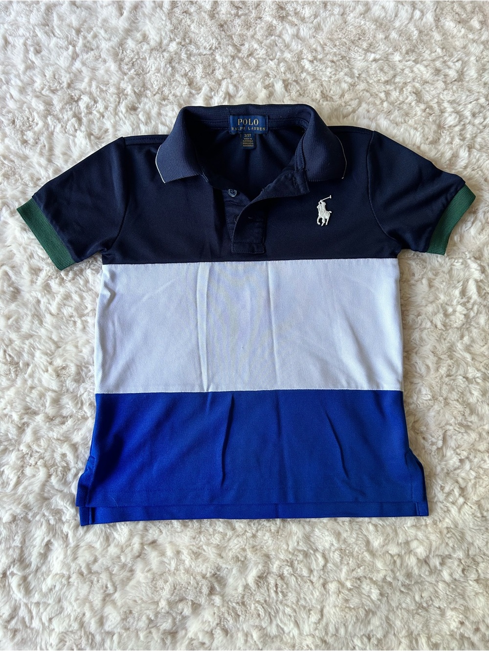 Polo by Ralph Lauren Navy, White & Royal Blue Colorblock Polo with Green Trim